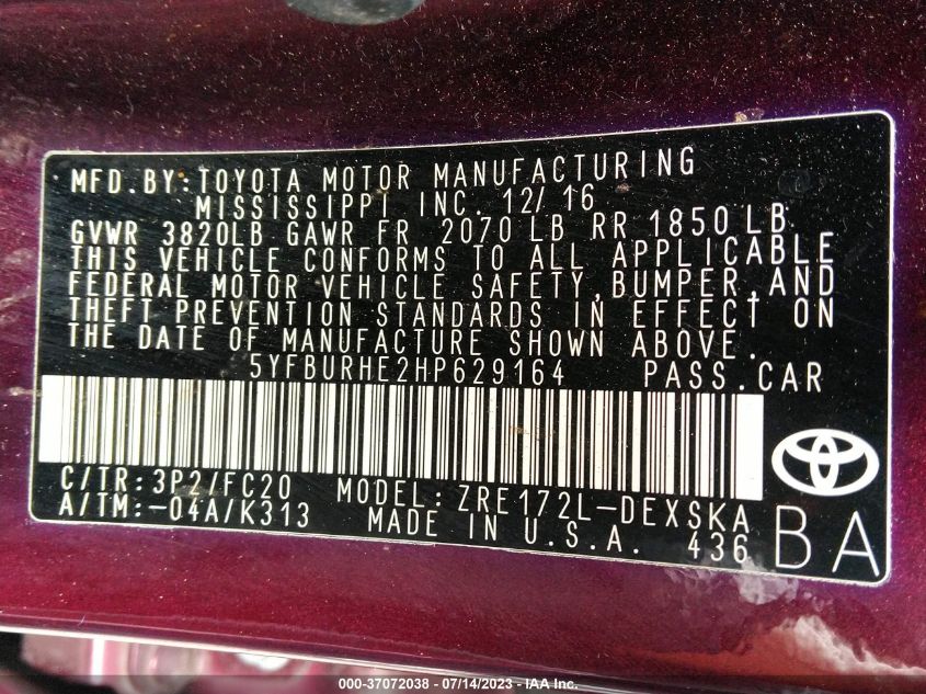 2017 TOYOTA COROLLA L/LE/XLE/SE/XSE - 5YFBURHE2HP629164