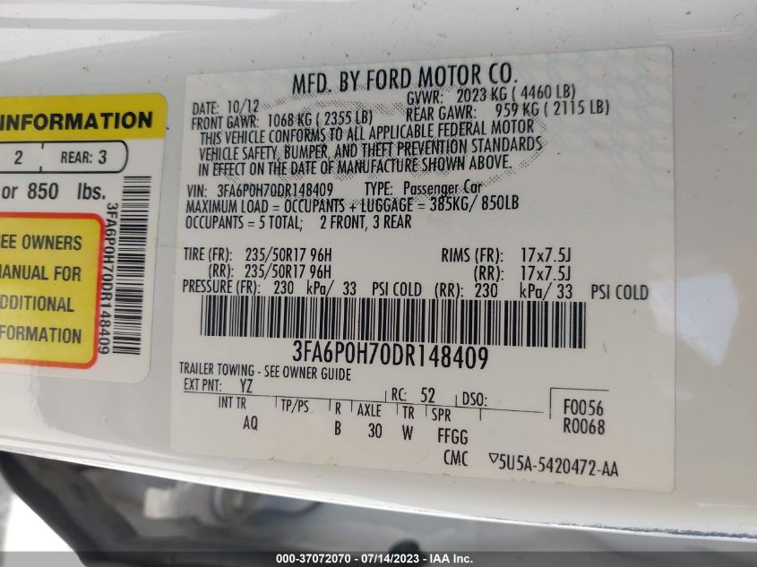 2013 FORD FUSION SE - 3FA6P0H70DR148409