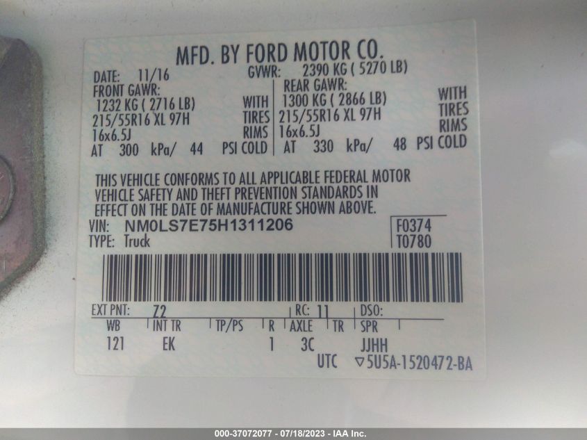 2017 FORD TRANSIT CONNECT VAN XL - NM0LS7E75H1311206