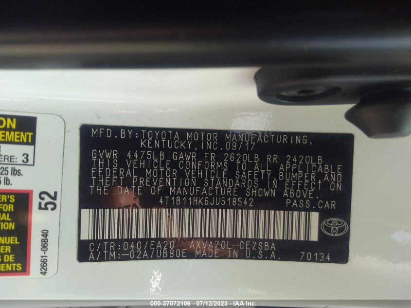 2018 TOYOTA CAMRY LE/SE/XLE/L - 4T1B11HK6JU518542