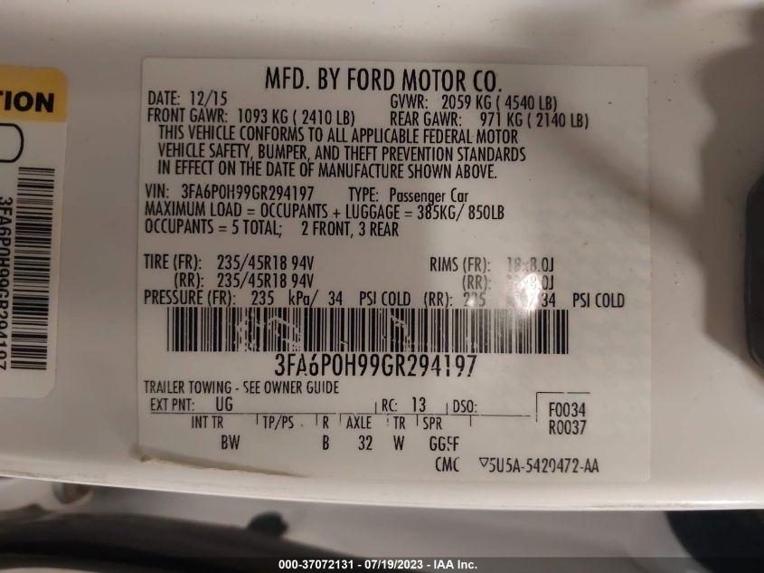 2016 FORD FUSION SE - 3FA6P0H99GR294197