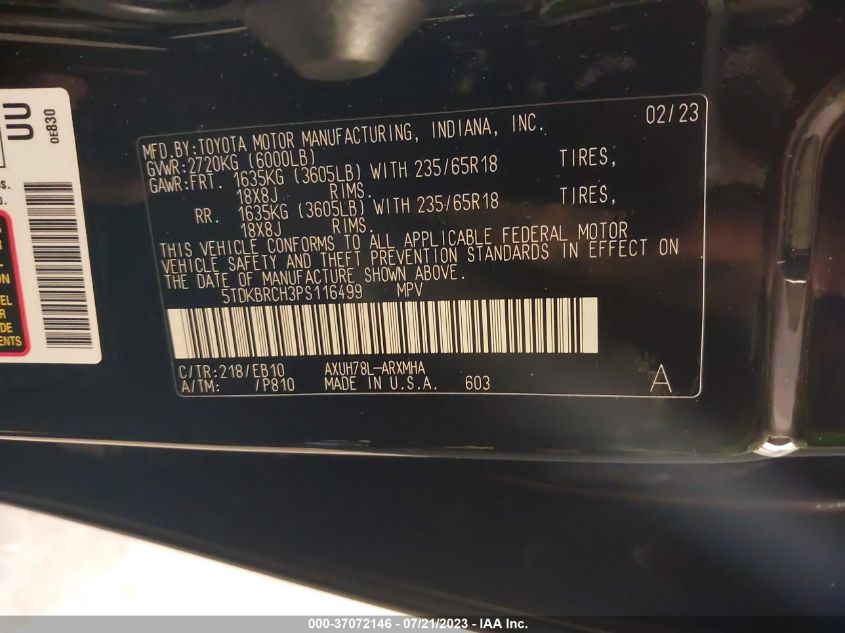 2023 TOYOTA HIGHLANDER HYBRID - 5TDKBRCH3PS116499