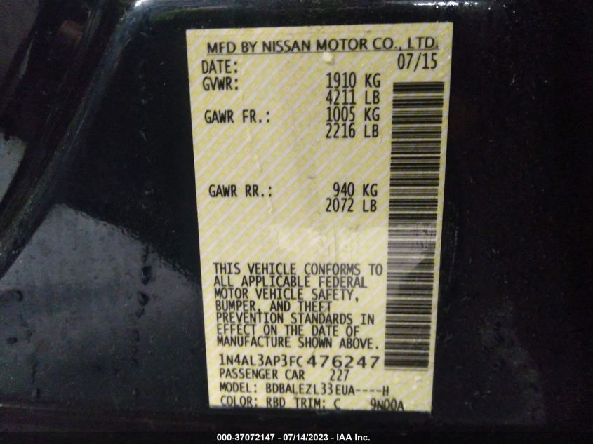 2015 NISSAN ALTIMA 2.5 S - 1N4AL3AP3FC476247