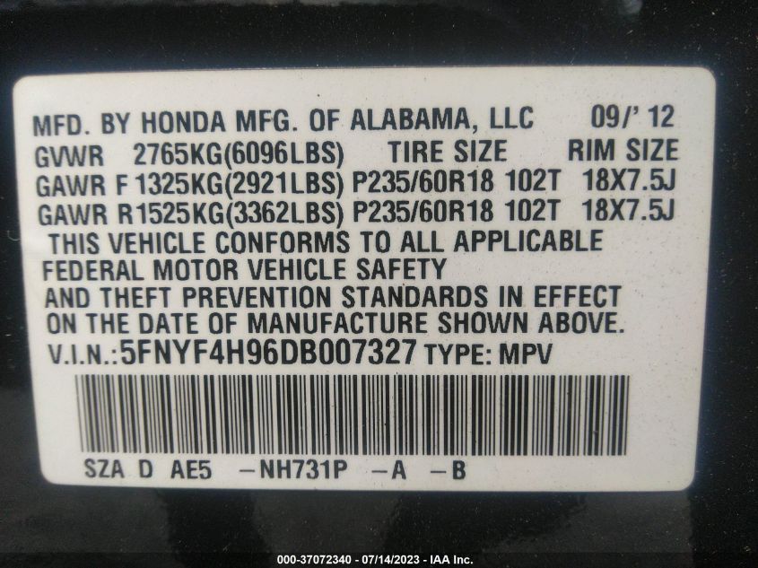 2013 HONDA PILOT TOURING - 5FNYF4H96DB007327
