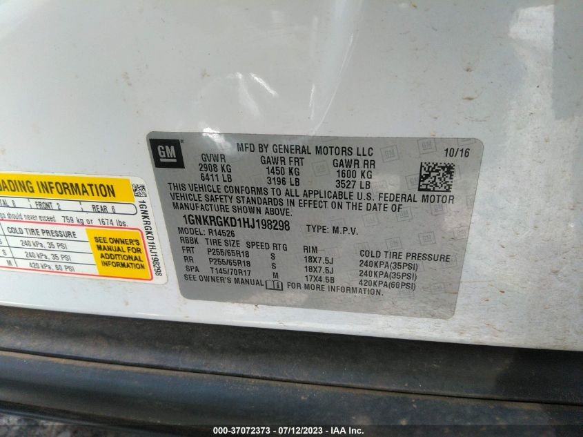 2017 CHEVROLET TRAVERSE LT - 1GNKRGKD1HJ198298