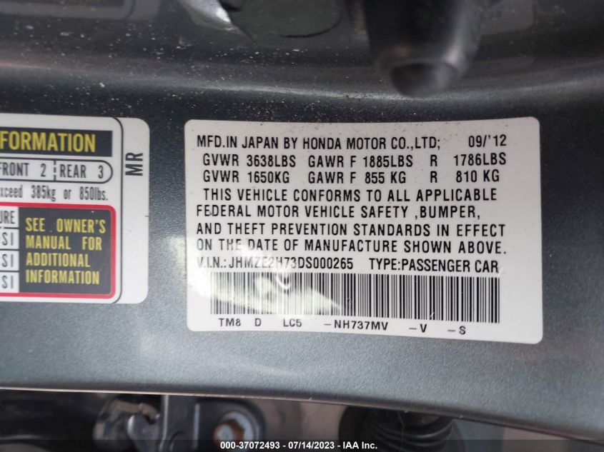 2013 HONDA INSIGHT EX JHMZE2H73DS000265