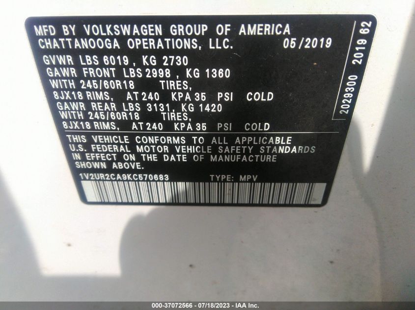 2019 VOLKSWAGEN ATLAS SE - 1V2UR2CA9KC570683