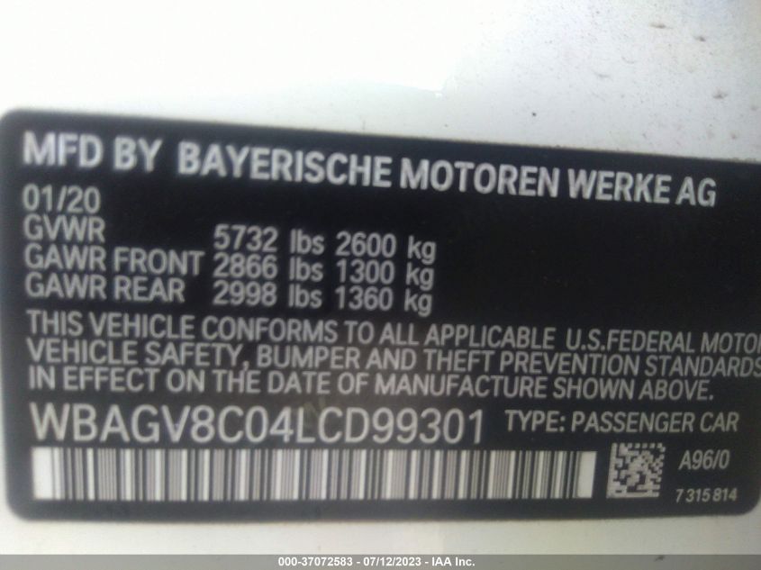 2020 BMW 8 SERIES M850I - WBAGV8C04LCD99301