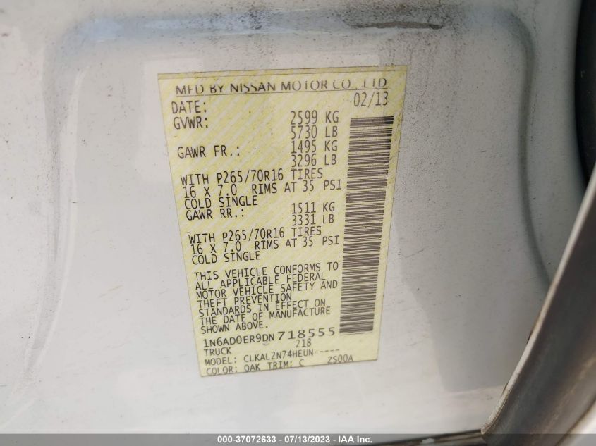 2013 NISSAN FRONTIER SV - 1N6AD0ER9DN718555