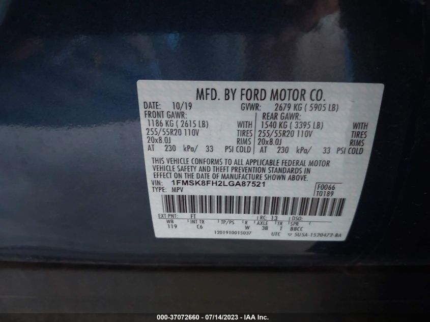 2020 FORD EXPLORER LIMITED - 1FMSK8FH2LGA87521