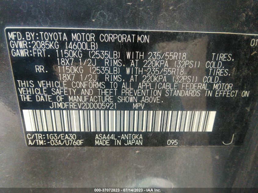 2013 TOYOTA RAV4 LIMITED - JTMDFREV2DD005921