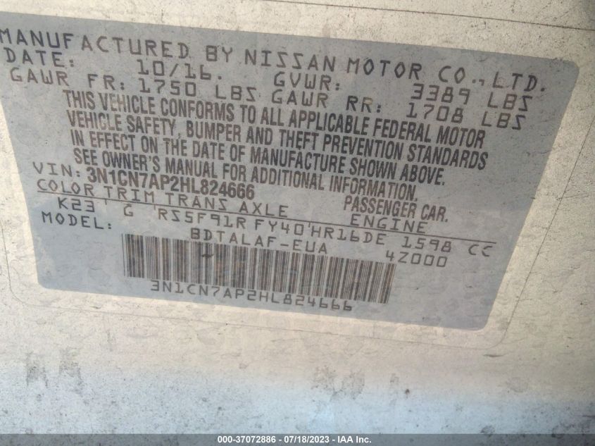 2017 NISSAN VERSA SEDAN S - 3N1CN7AP2HL824666