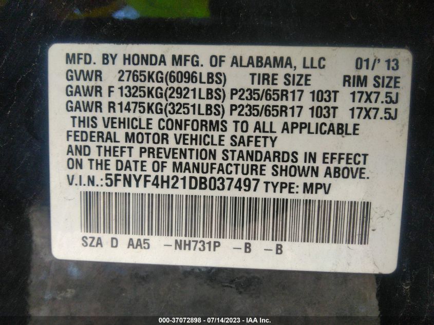 2013 HONDA PILOT LX - 5FNYF4H21DB037497