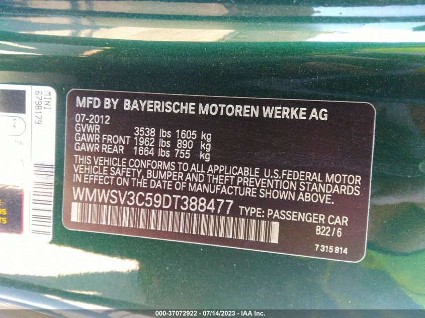 2013 MINI COOPER HARDTOP S - WMWSV3C59DT388477