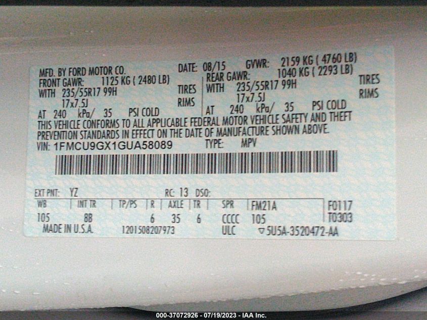 2016 FORD ESCAPE SE - 1FMCU9GX1GUA58089