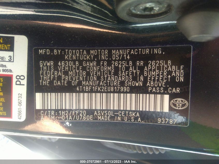 2014 TOYOTA CAMRY L/LE/XLE/SE/SE SPORT - 4T1BF1FK2EU817990