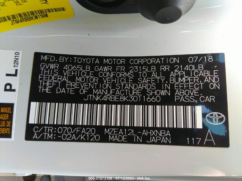 2019 TOYOTA COROLLA HATCHBACK SE JTNK4RBE8K3011660