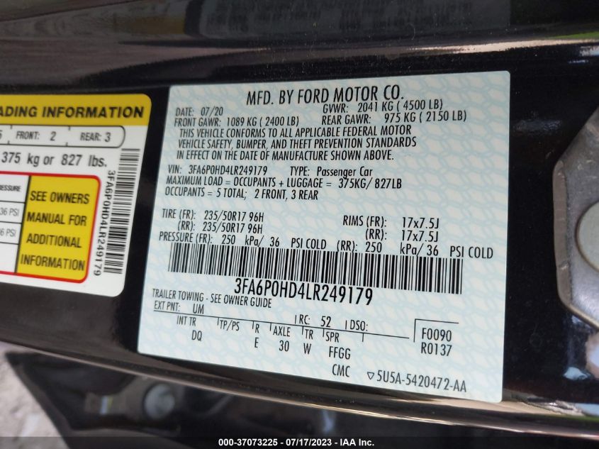 2020 FORD FUSION SE - 3FA6P0HD4LR249179