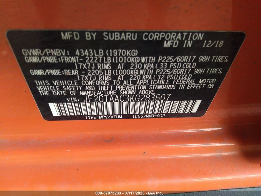 2019 SUBARU CROSSTREK - JF2GTAAC3KG283607