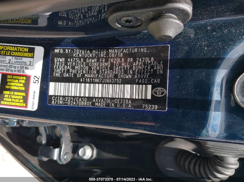 2018 TOYOTA CAMRY LE/SE/XLE/L - 4T1B11HK7JU663752