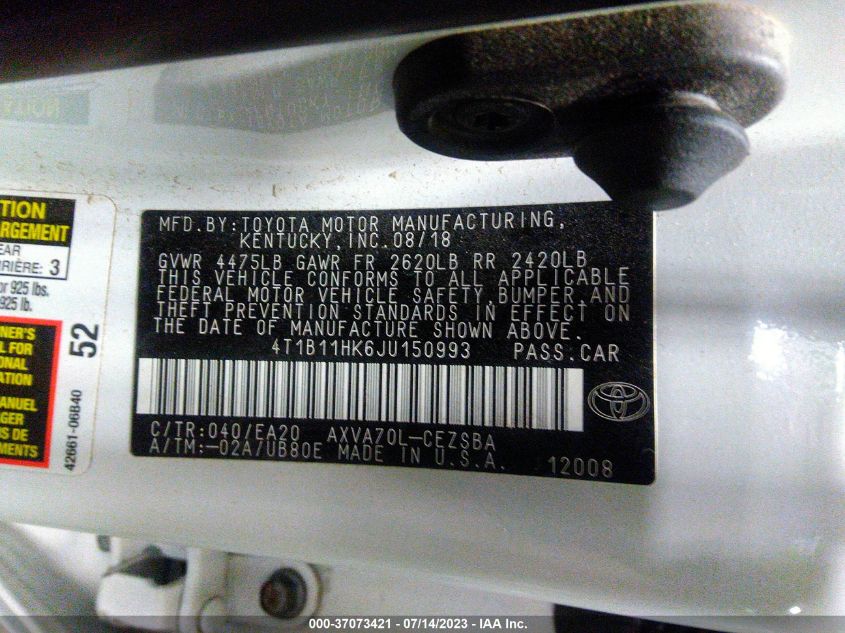 2018 TOYOTA CAMRY LE/SE/XLE/L - 4T1B11HK6JU150993