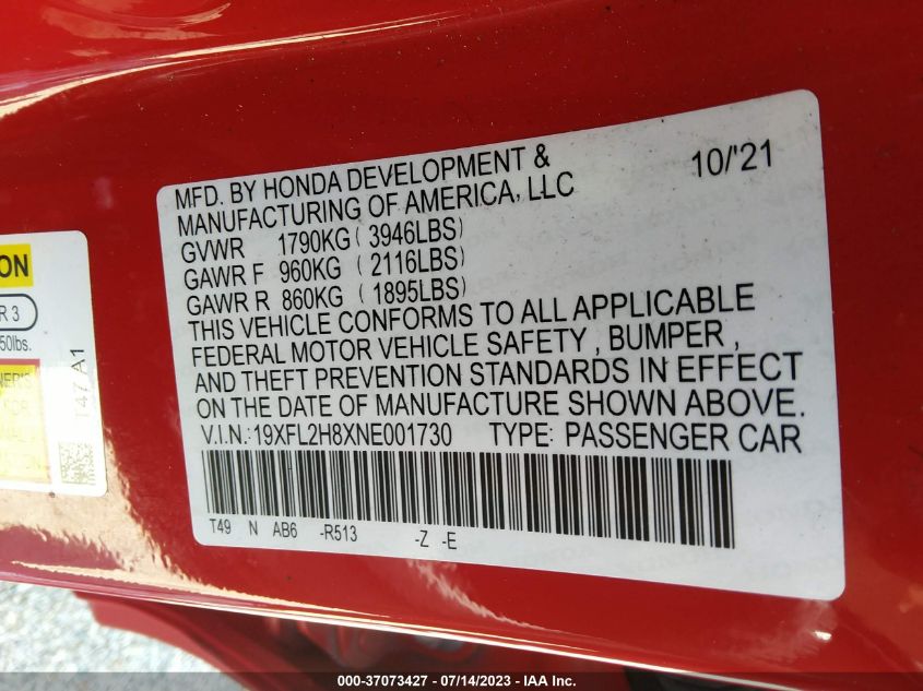 2022 HONDA CIVIC HATCHBACK SPORT - 19XFL2H8XNE001730