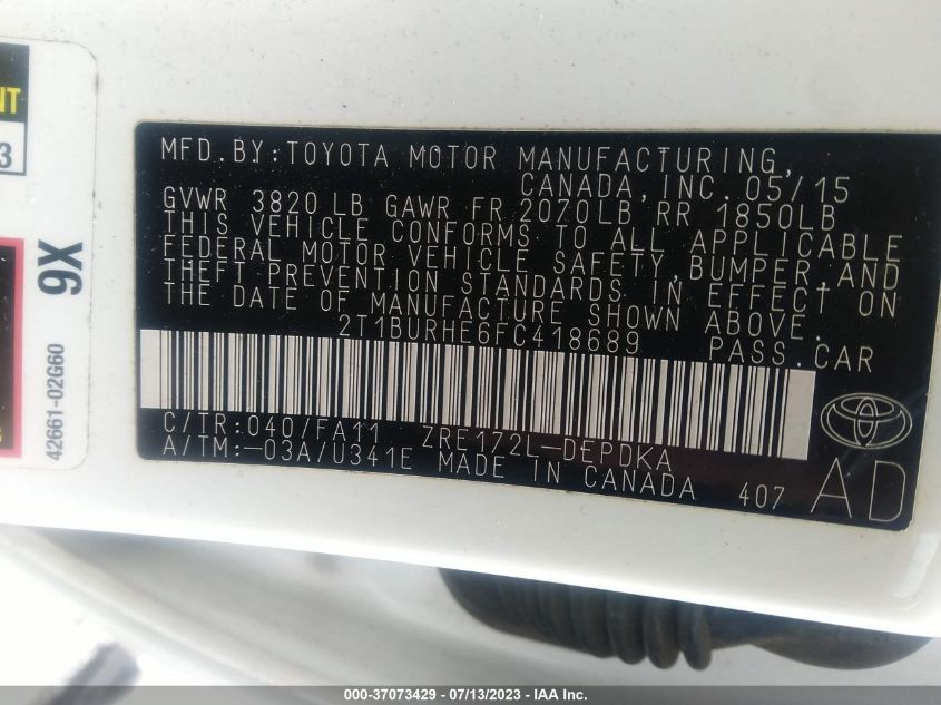 2015 TOYOTA COROLLA L/LE/S/S PLUS/LE PLUS - 2T1BURHE6FC418689