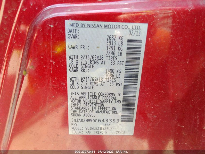 2013 NISSAN PATHFINDER SV - 5N1AR2MM9DC643353