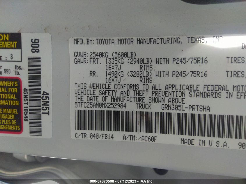 2021 TOYOTA TACOMA 4WD SR/SR5/TRD SPORT - 5TFCZ5AN0MX252984