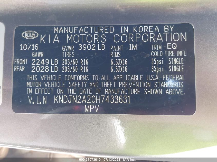 2017 KIA SOUL BASE - KNDJN2A20H7433631