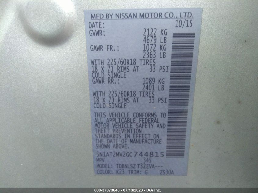 2016 NISSAN ROGUE SL - 5N1AT2MV2GC744815