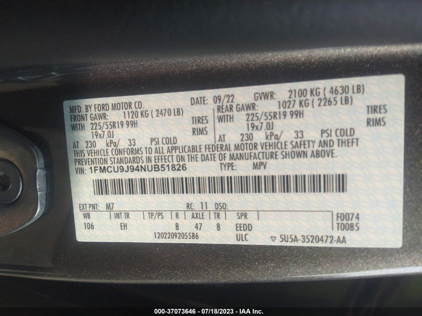 2022 FORD ESCAPE TITANIUM - 1FMCU9J94NUB51826