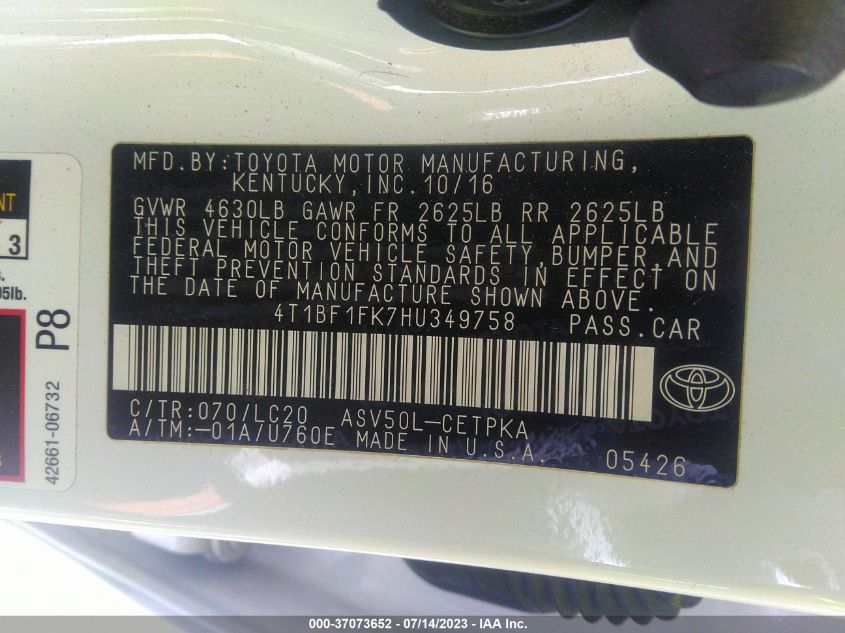 2017 TOYOTA CAMRY LE/XLE/SE/XSE - 4T1BF1FK7HU349758
