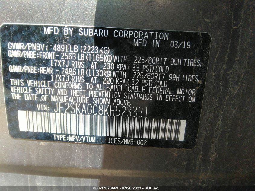 2019 SUBARU FORESTER PREMIUM - JF2SKAGC8KH523331