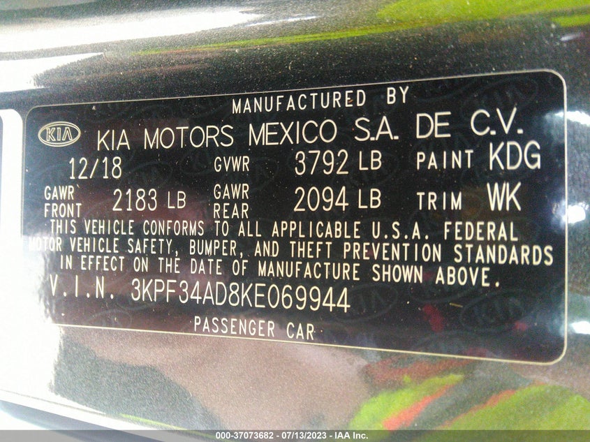 VIN 3KPF34AD8KE069944 2019 KIA FORTE S