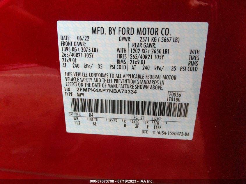 2FMPK4AP7NBA70334 2022 FORD EDGE, photo no. 9