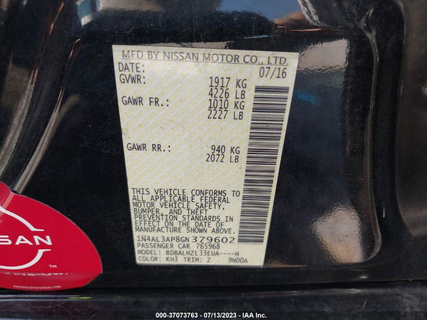 2016 NISSAN ALTIMA 2.5 SR - 1N4AL3AP8GN379602