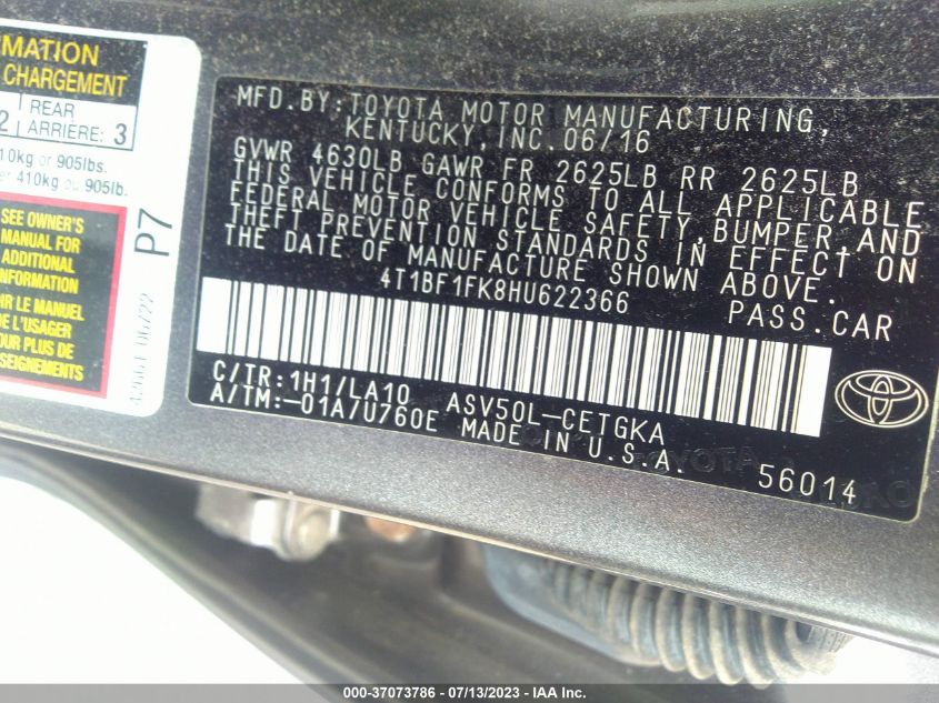 2017 TOYOTA CAMRY XLE/SE/LE/XSE - 4T1BF1FK8HU622366