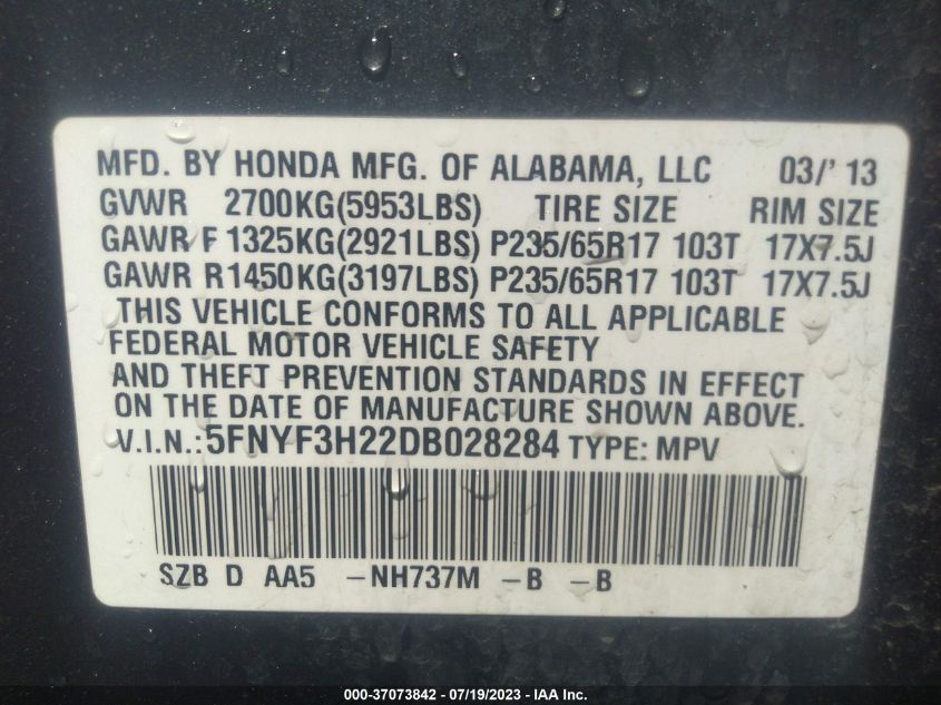2013 HONDA PILOT LX - 5FNYF3H22DB028284