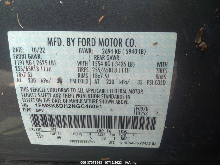 2022 FORD EXPLORER XLT - 1FMSK8DH2NGC46091