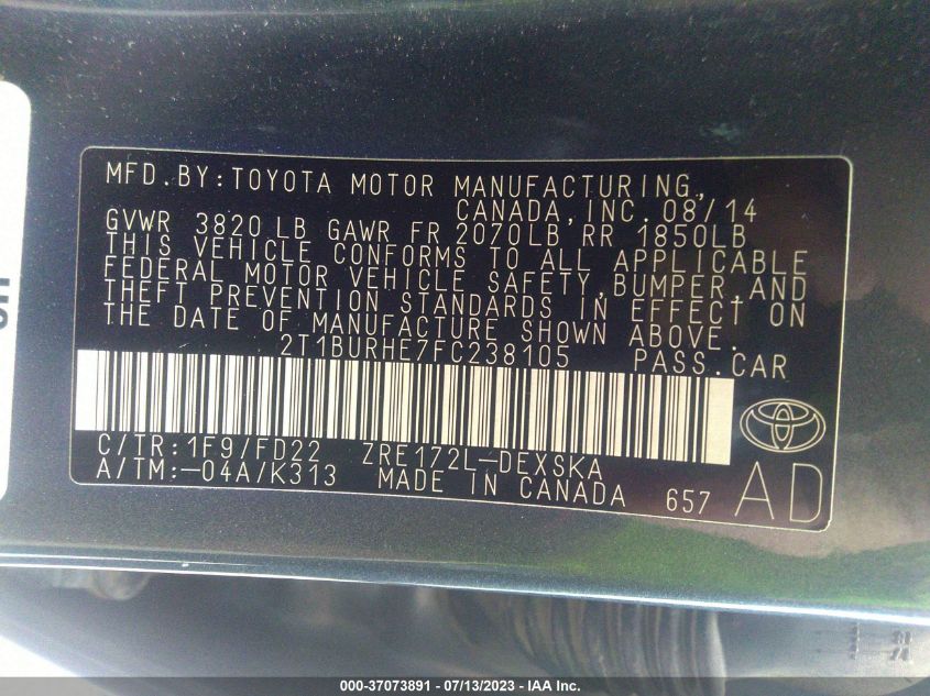 2015 TOYOTA COROLLA L/LE/S/S PLUS/LE PLUS - 2T1BURHE7FC238105