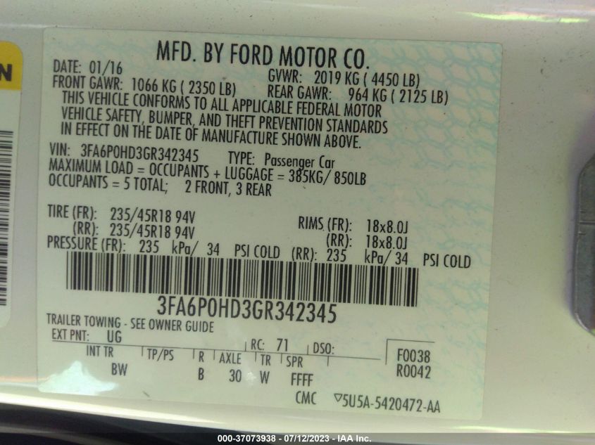 2016 FORD FUSION SE - 3FA6P0HD3GR342345