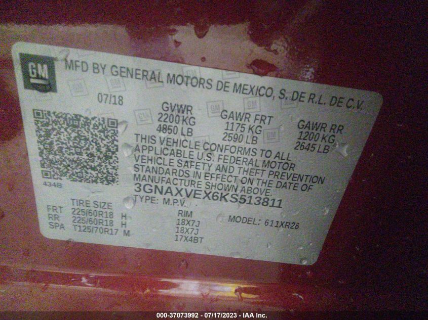 2019 CHEVROLET EQUINOX LT - 3GNAXVEX6KS513811