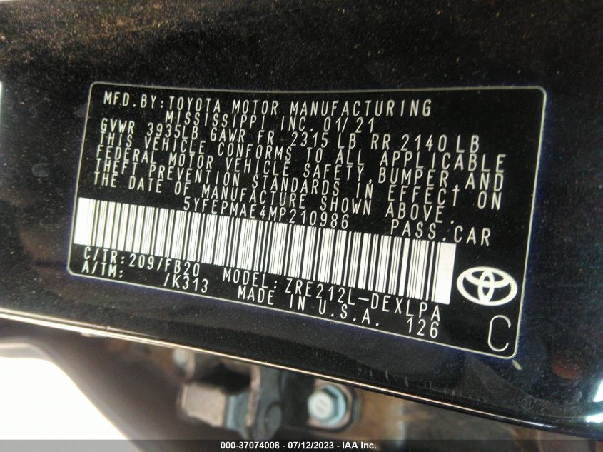 2021 TOYOTA COROLLA LE - 5YFEPMAE4MP210986