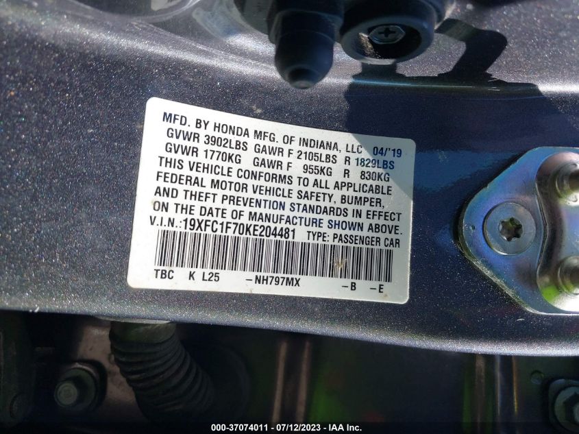 2019 HONDA CIVIC SEDAN EX-L - 19XFC1F70KE204481