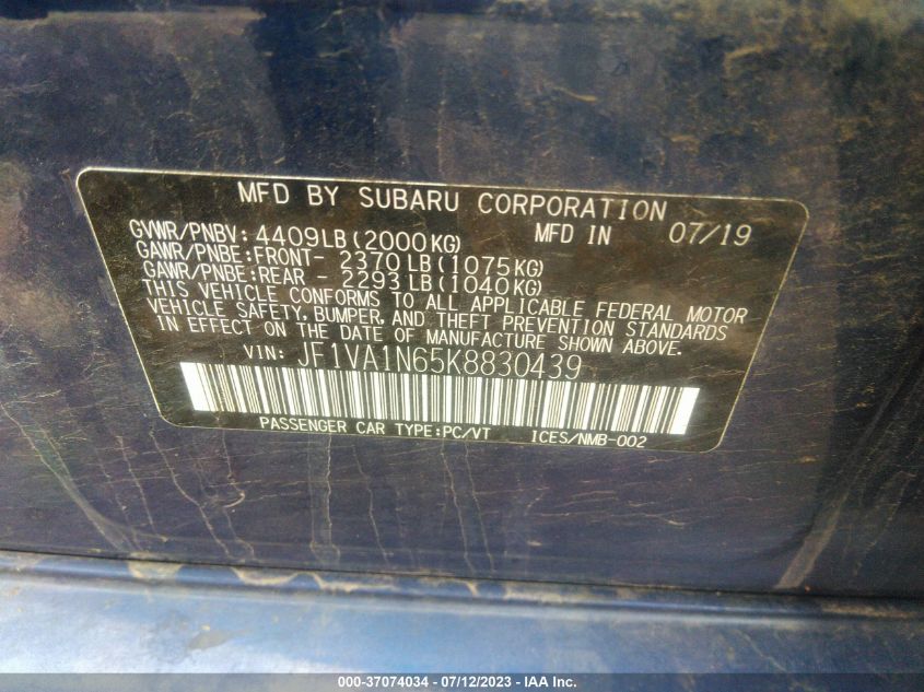 2019 SUBARU WRX LIMITED - JF1VA1N65K8830439