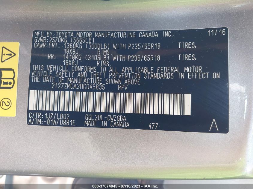 2017 LEXUS RX 350/BASE/F SPORT - 2T2ZZMCA2HC045835