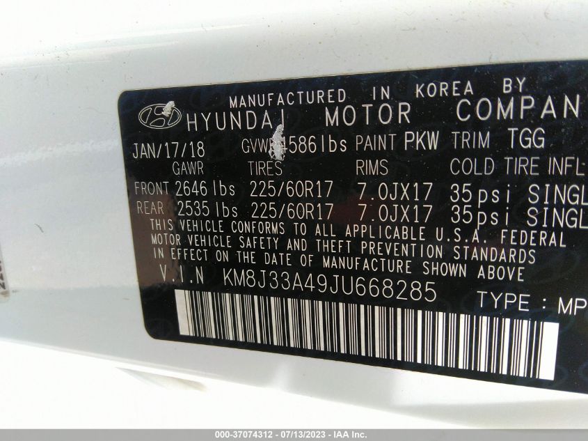 2018 HYUNDAI TUCSON SEL - KM8J33A49JU668285