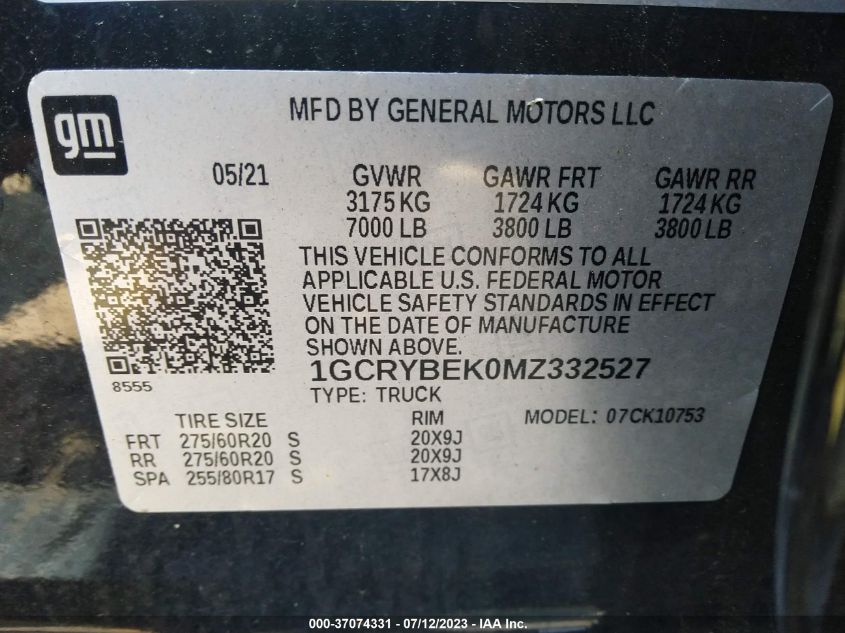 2021 CHEVROLET SILVERADO 1500 CUSTOM - 1GCRYBEK0MZ332527