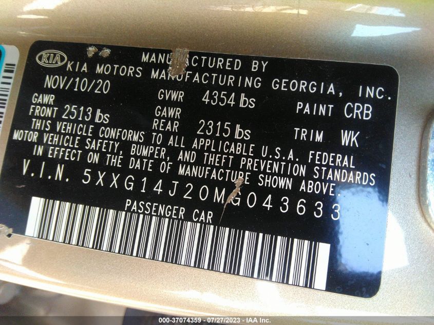 2021 KIA K5 LXS - 5XXG14J20MG043633
